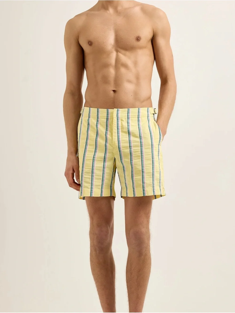 NWT Orlebar Brown Bulldog Mid-Length Deckchair Stripe Swim Shorts | Yellow Multi
